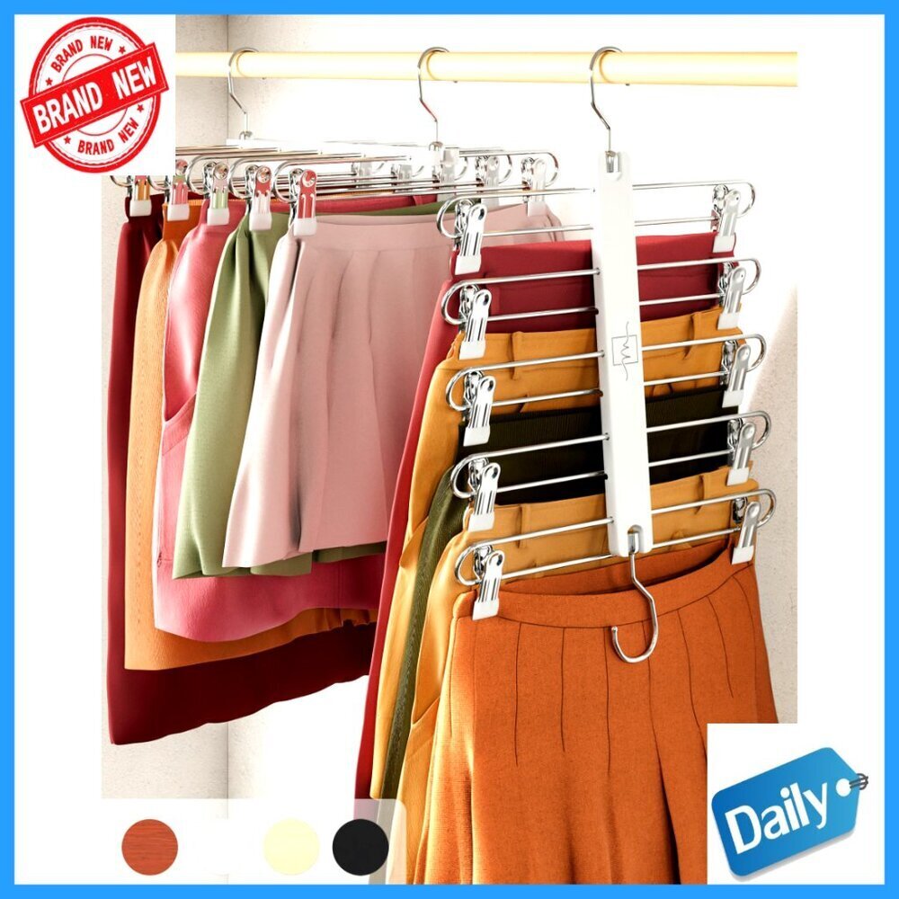 Space Saving Skirt Hangers 2 Pack with Clips, Beechwood 5-Tier Organizer